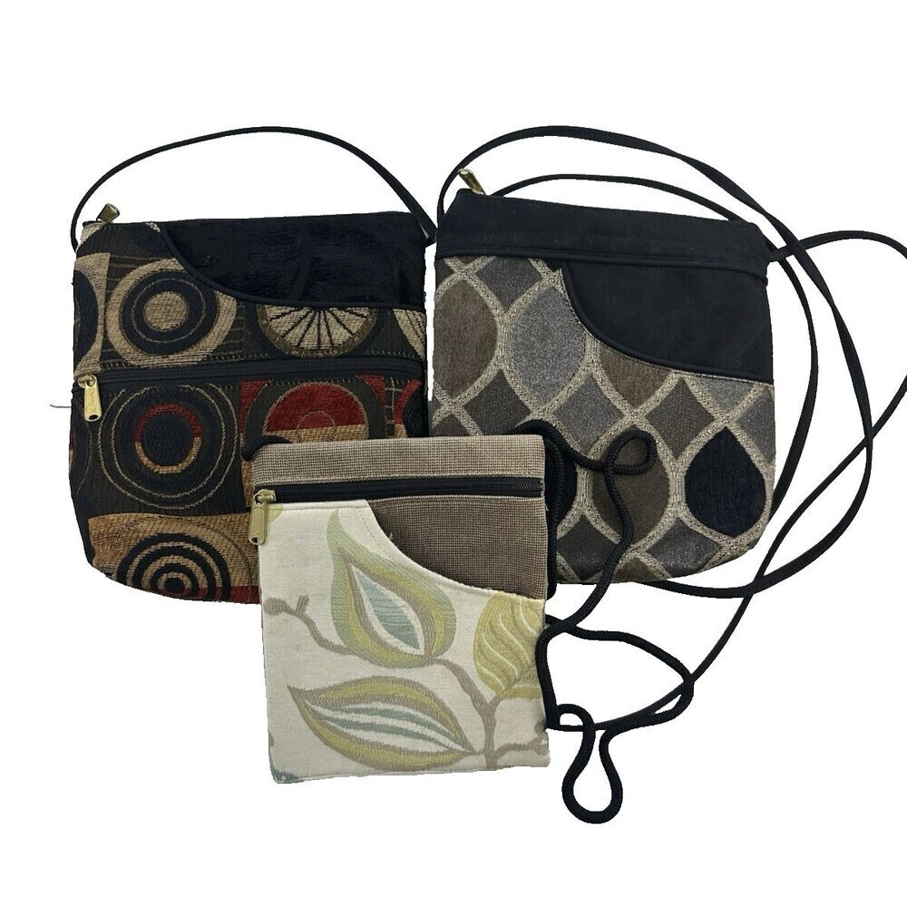 Danny K Lot Of 3 Crossbody Purses Tapestry Fabric Zip Adjustable Black Gray Geo